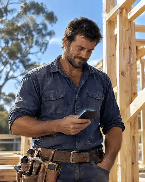 The same tradesman on site checking a quote on his phone