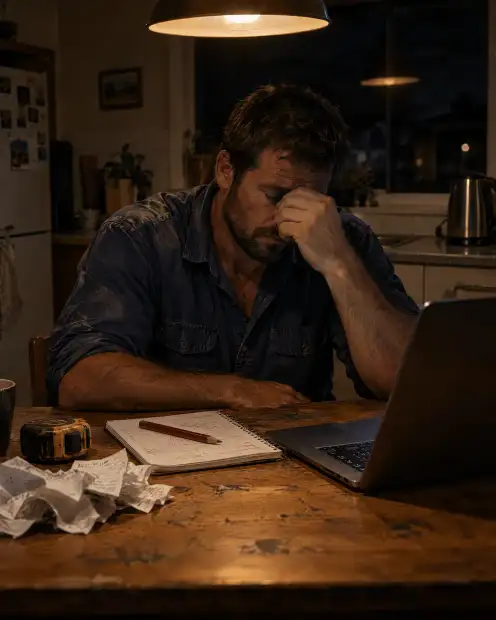 Tradesman doing quotes at his kitchen table late at night