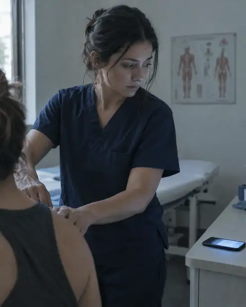 Physiotherapist with a patient while her phone rings