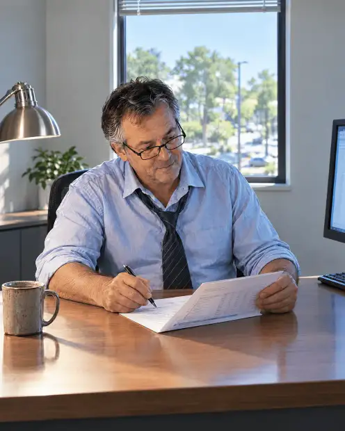 The same accountant reviewing one draft in daylight