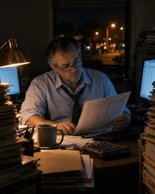 Accountant retyping figures between stacks of files at night