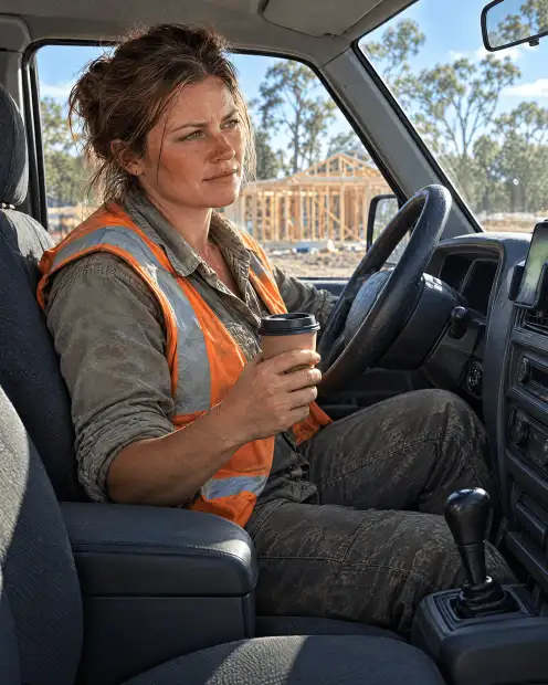 The same builder in a tidy ute with a coffee