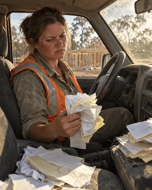 Builder in her ute holding a pile of dockets