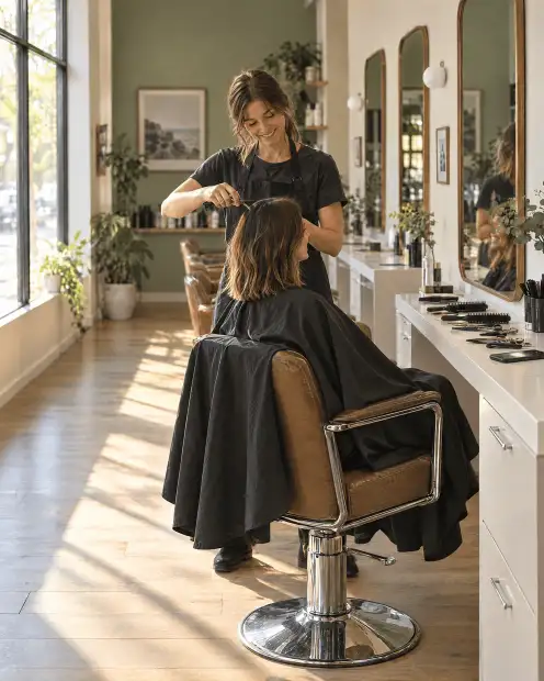 The same hairdresser cutting a client's hair