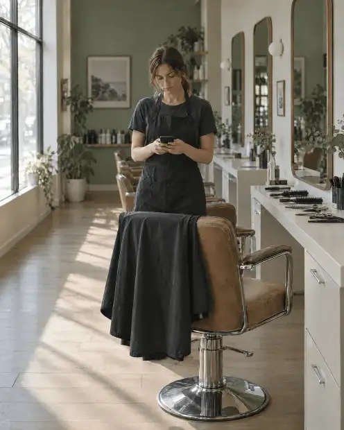 Hairdresser beside an empty chair, looking at her phone