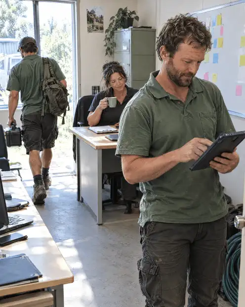 A staff member finds the answer on a tablet while the owner works