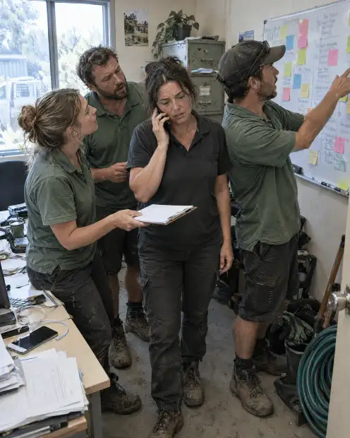 Business owner on the phone, surrounded by staff with questions